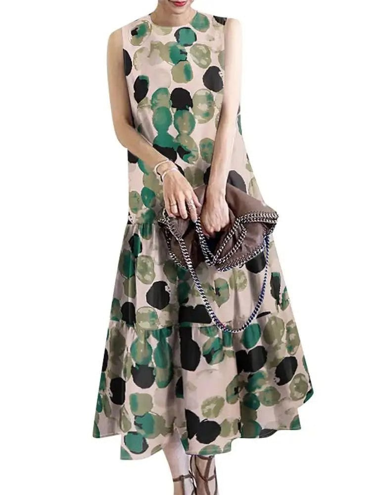 Bohemian Sleeveless Summer Dresses Women, Floral Printed Sundress, Casual Fashion Ruffles Hem Long Vestido