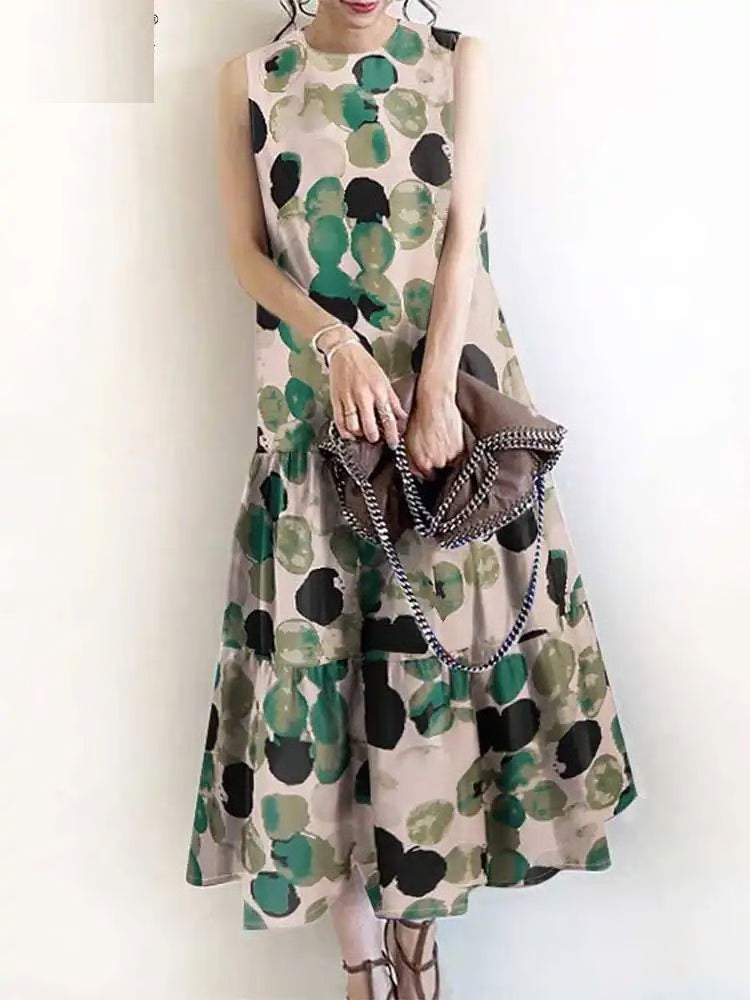 Bohemian Sleeveless Summer Dresses Women, Floral Printed Sundress, Casual Fashion Ruffles Hem Long Vestido