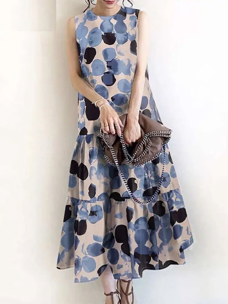 Bohemian Sleeveless Summer Dresses Women, Floral Printed Sundress, Casual Fashion Ruffles Hem Long Vestido