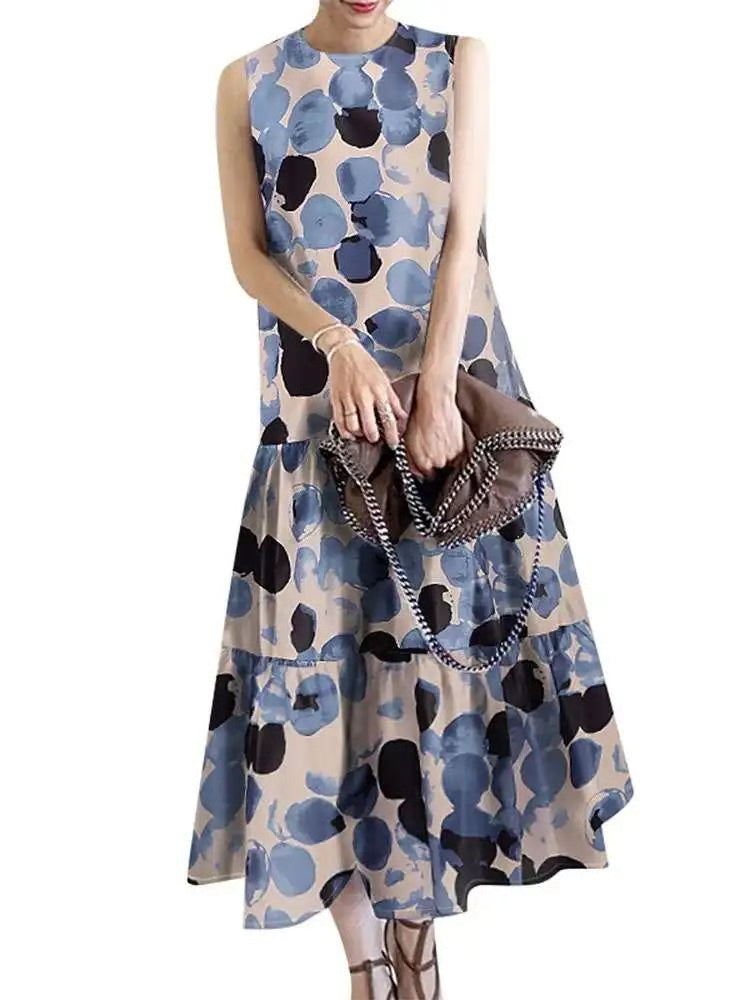 Bohemian Sleeveless Summer Dresses Women, Floral Printed Sundress, Casual Fashion Ruffles Hem Long Vestido