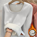 Tops Square Collar Fleece Basic Pullover, Women's Long Sleeve Top, Fashion Thermal Shirt Winter Clothes Woman