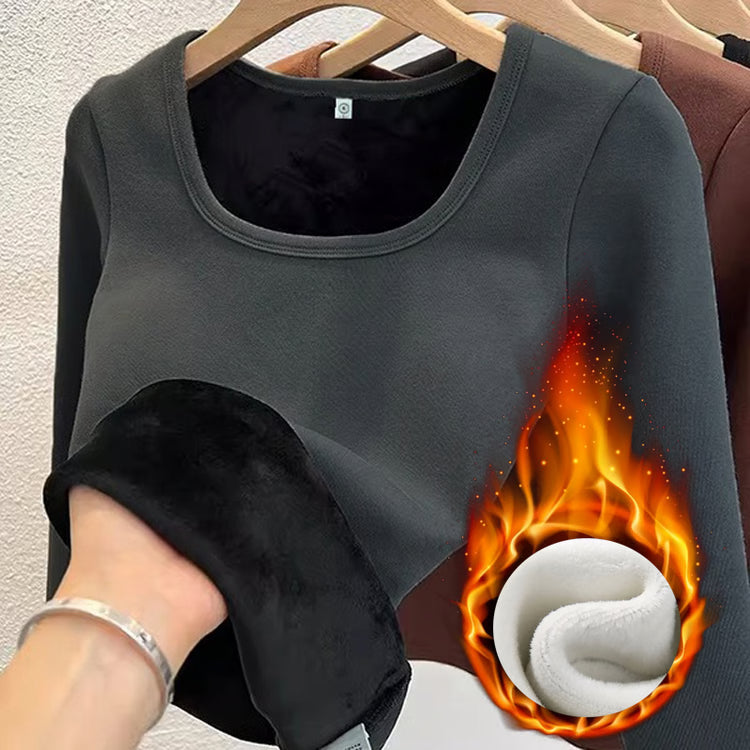 Tops Square Collar Fleece Basic Pullover, Women's Long Sleeve Top, Fashion Thermal Shirt Winter Clothes Woman