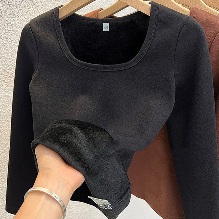 Tops Square Collar Fleece Basic Pullover, Women's Long Sleeve Top, Fashion Thermal Shirt Winter Clothes Woman