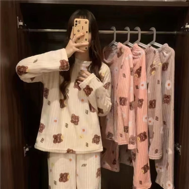 Women's Winter Home Clothes Set, Thiened Long Sleeve Coral Fleece Pajamas, Cute Cartoon Print Sleepwear Set for Youth