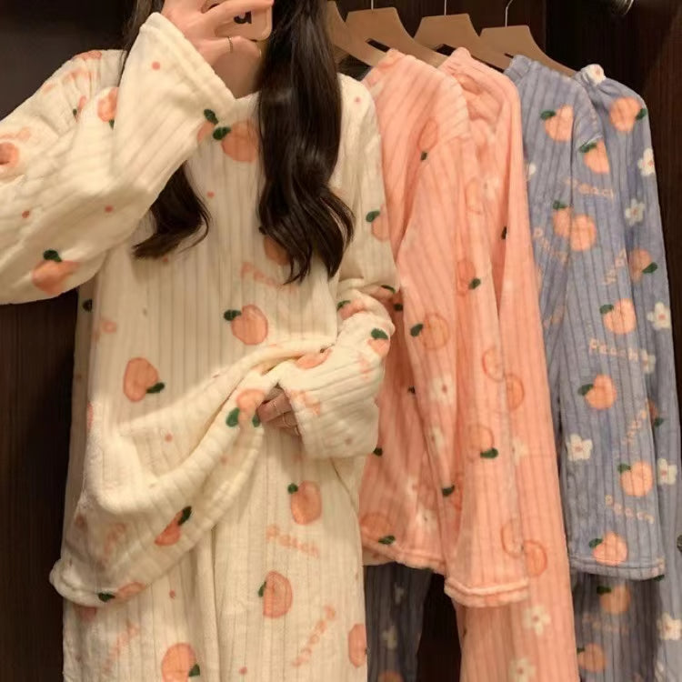 Women's Winter Home Clothes Set, Thiened Long Sleeve Coral Fleece Pajamas, Cute Cartoon Print Sleepwear Set for Youth