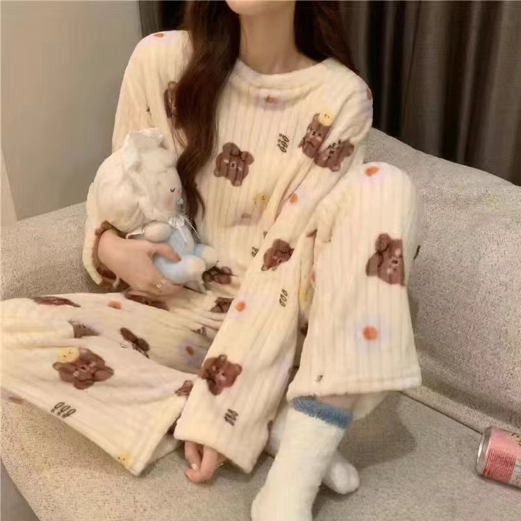 Women's Winter Home Clothes Set, Thiened Long Sleeve Coral Fleece Pajamas, Cute Cartoon Print Sleepwear Set for Youth