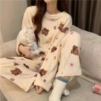 Women's Winter Home Clothes Set, Thiened Long Sleeve Coral Fleece Pajamas, Cute Cartoon Print Sleepwear Set for Youth
