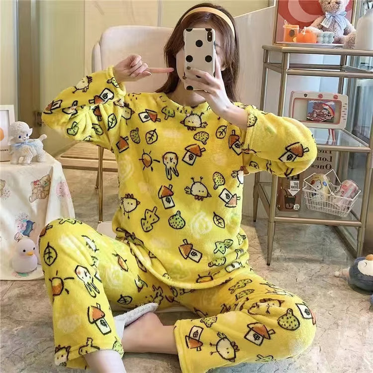 Women's Winter Home Clothes Set, Thiened Long Sleeve Coral Fleece Pajamas, Cute Cartoon Print Sleepwear Set for Youth