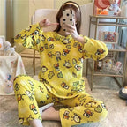 Women's Winter Home Clothes Set, Thiened Long Sleeve Coral Fleece Pajamas, Cute Cartoon Print Sleepwear Set for Youth