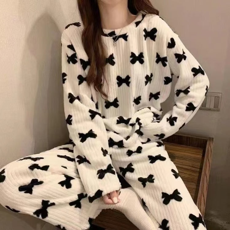 Women's Winter Home Clothes Set, Thiened Long Sleeve Coral Fleece Pajamas, Cute Cartoon Print Sleepwear Set for Youth