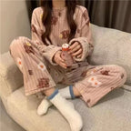 Women's Winter Home Clothes Set, Thiened Long Sleeve Coral Fleece Pajamas, Cute Cartoon Print Sleepwear Set for Youth