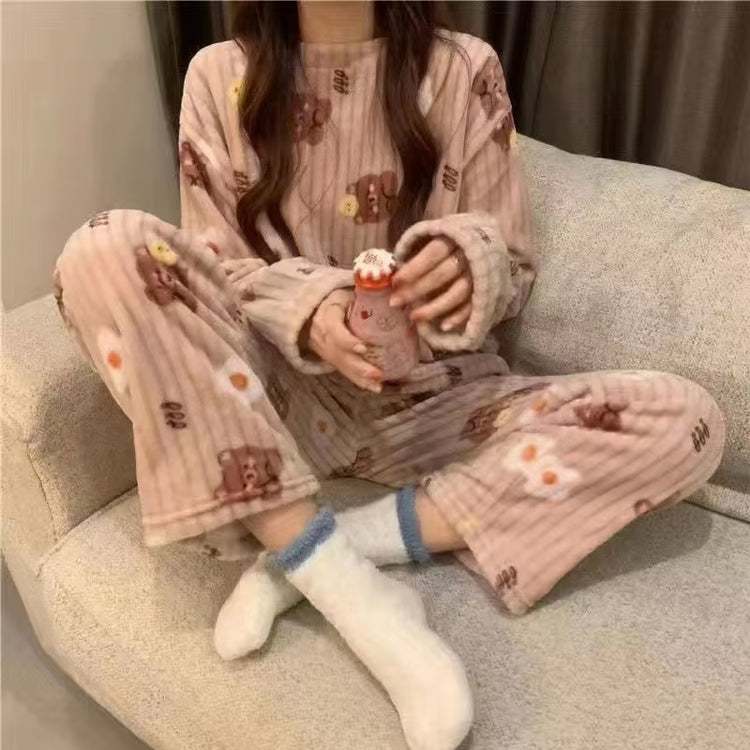 Women's Winter Home Clothes Set, Thiened Long Sleeve Coral Fleece Pajamas, Cute Cartoon Print Sleepwear Set for Youth