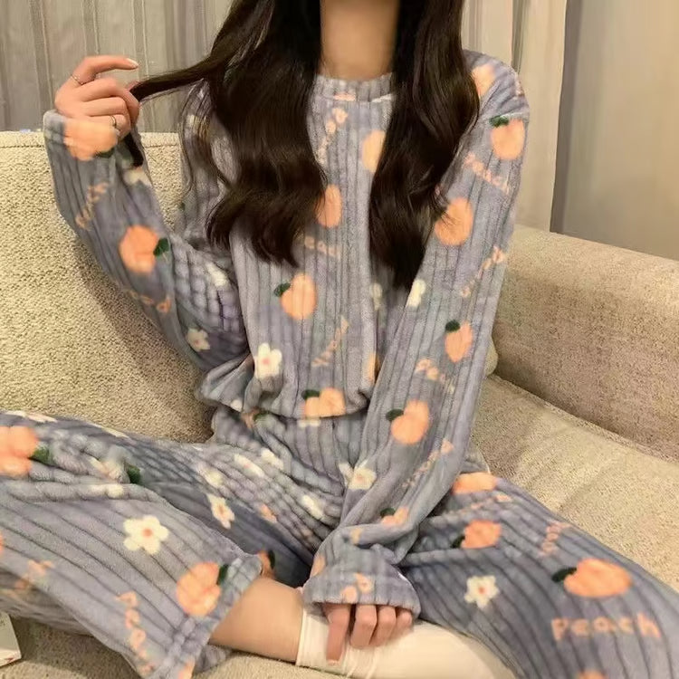 Women's Winter Home Clothes Set, Thiened Long Sleeve Coral Fleece Pajamas, Cute Cartoon Print Sleepwear Set for Youth