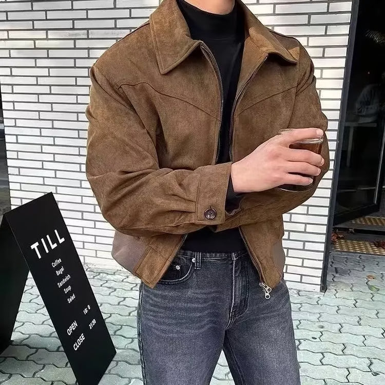 Vintage American Style Leather Jacket for Men, Versatile Brown Coffee Color, Cropped Lapel Design for Autumn and Winter