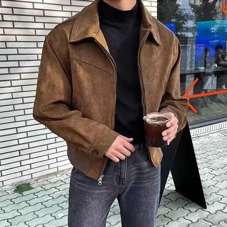 Vintage American Style Leather Jacket for Men, Versatile Brown Coffee Color, Cropped Lapel Design for Autumn and Winter