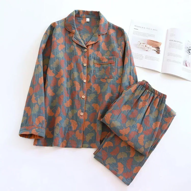 Cotton Crepe Flower Leaves Pajamas Suit for Women, Long-Sleeved Trousers, Two-Piece, Perfect for Spring and Summer