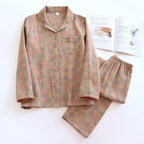 Cotton Crepe Flower Leaves Pajamas Suit for Women, Long-Sleeved Trousers, Two-Piece, Perfect for Spring and Summer