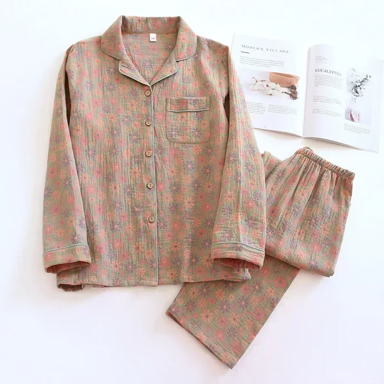 Cotton Crepe Flower Leaves Pajamas Suit for Women, Long-Sleeved Trousers, Two-Piece, Perfect for Spring and Summer