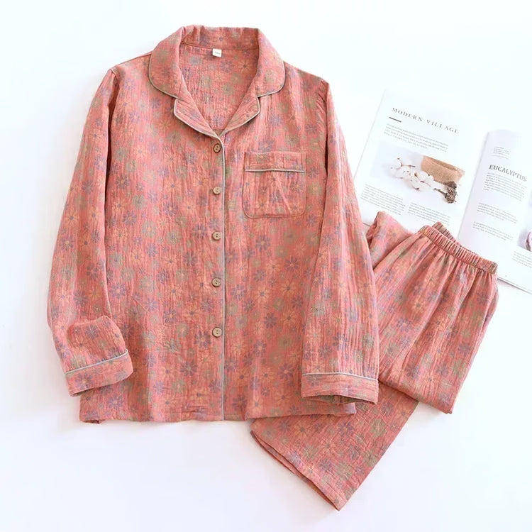 Cotton Crepe Flower Leaves Pajamas Suit for Women, Long-Sleeved Trousers, Two-Piece, Perfect for Spring and Summer