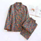 Cotton Crepe Flower Leaves Pajamas Suit for Women, Long-Sleeved Trousers, Two-Piece, Perfect for Spring and Summer