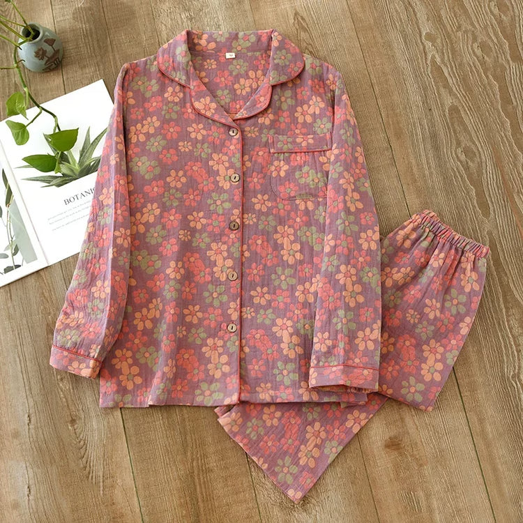 Cotton Crepe Flower Leaves Pajamas Suit for Women, Long-Sleeved Trousers, Two-Piece, Perfect for Spring and Summer