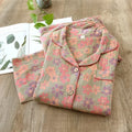 Cotton Crepe Flower Leaves Pajamas Suit for Women, Long-Sleeved Trousers, Two-Piece, Perfect for Spring and Summer