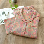 Cotton Crepe Flower Leaves Pajamas Suit for Women, Long-Sleeved Trousers, Two-Piece, Perfect for Spring and Summer