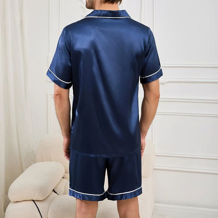 Men Summer Satin Pajama Set with Button Down Shirt and Shorts