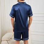 Men Summer Satin Pajama Set with Button Down Shirt and Shorts