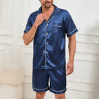 Men Summer Satin Pajama Set with Button Down Shirt and Shorts