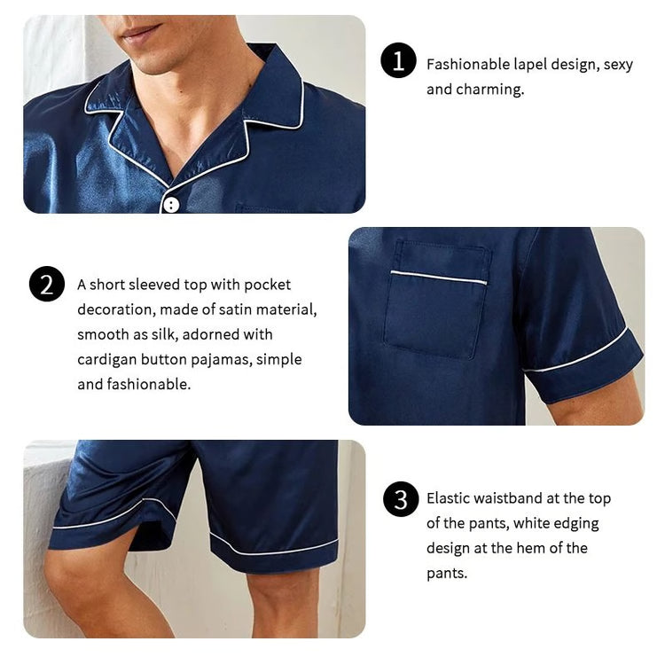Men Summer Satin Pajama Set with Button Down Shirt and Shorts
