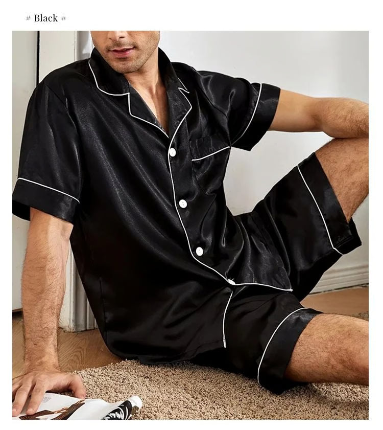 Men Summer Satin Pajama Set with Button Down Shirt and Shorts