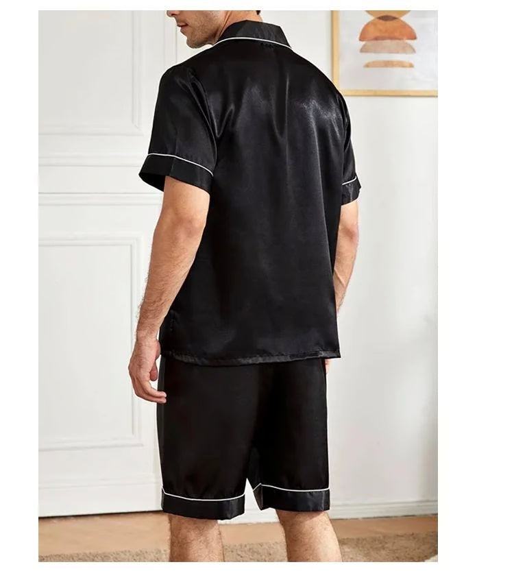 Men Summer Satin Pajama Set with Button Down Shirt and Shorts