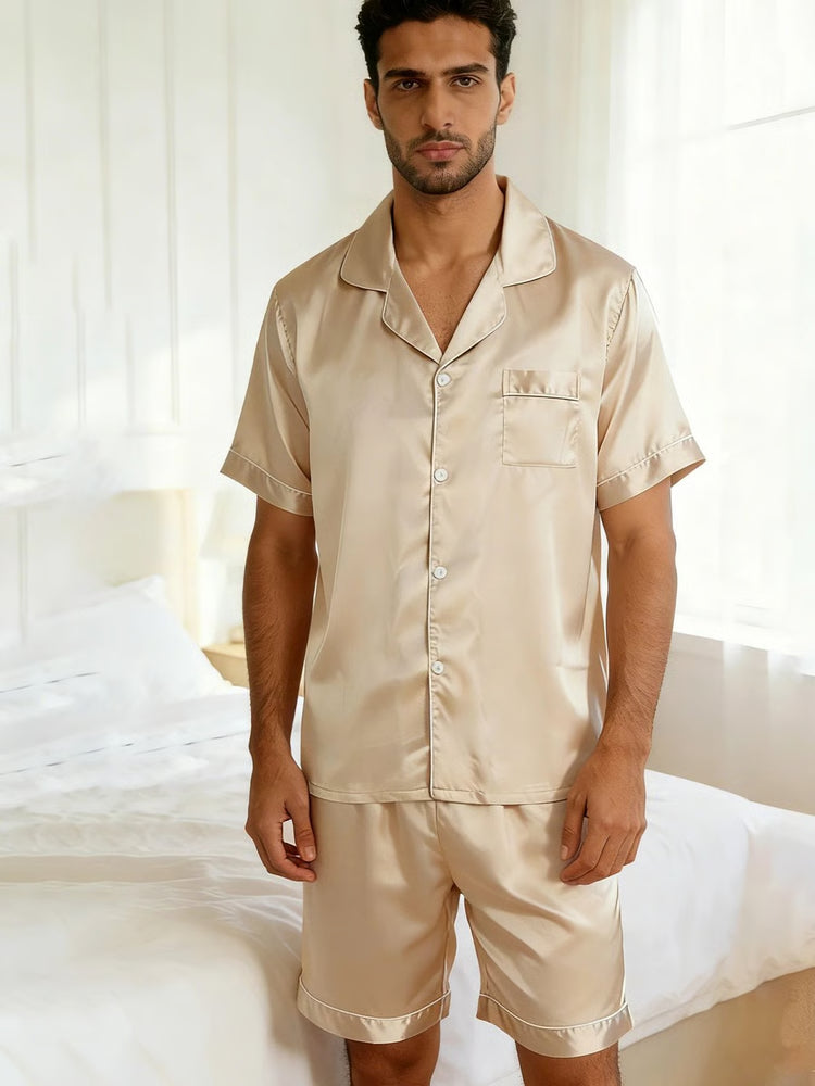 Men Summer Satin Pajama Set with Button Down Shirt and Shorts