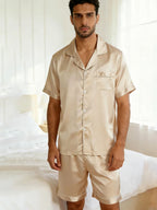 Men Summer Satin Pajama Set with Button Down Shirt and Shorts