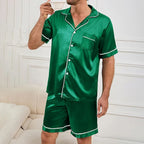 Men Summer Satin Pajama Set with Button Down Shirt and Shorts
