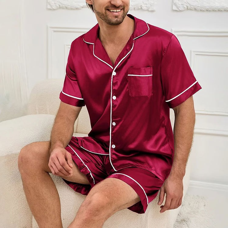 Men Summer Satin Pajama Set with Button Down Shirt and Shorts