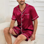 Men Summer Satin Pajama Set with Button Down Shirt and Shorts