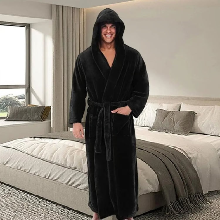 Mens Premium Hooded Flannel Bathrobe – Long Quick-Dry Sleepwear & Soft Fluffy Home Gown