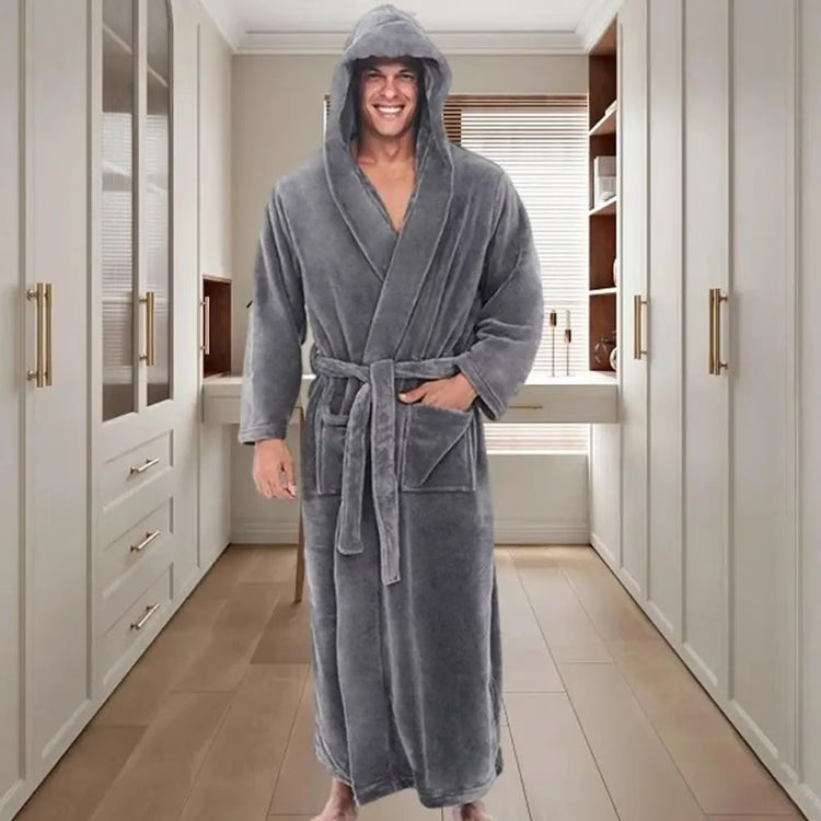 Mens Premium Hooded Flannel Bathrobe – Long Quick-Dry Sleepwear & Soft Fluffy Home Gown